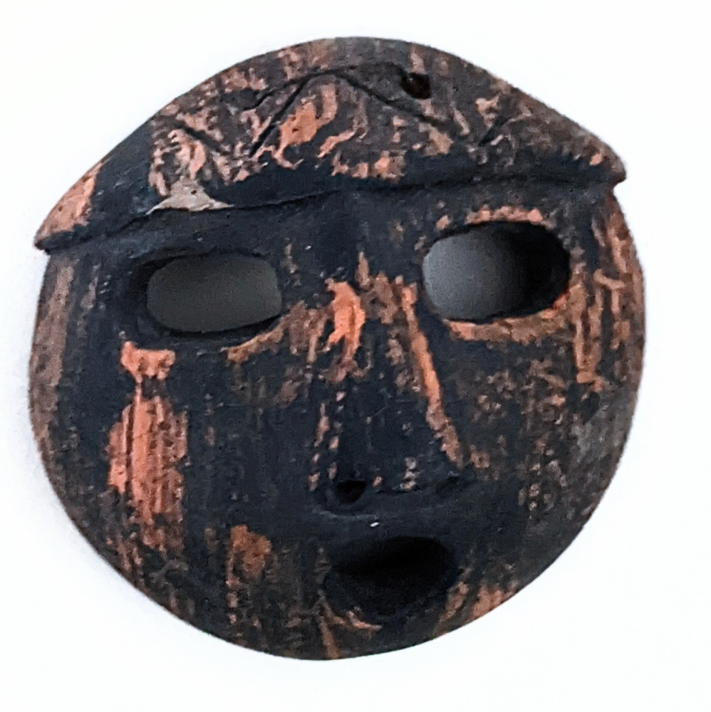 Boho Home Decor. Black + Brown Ethnic Clay Hanging Mask. Small, 4" Diam.